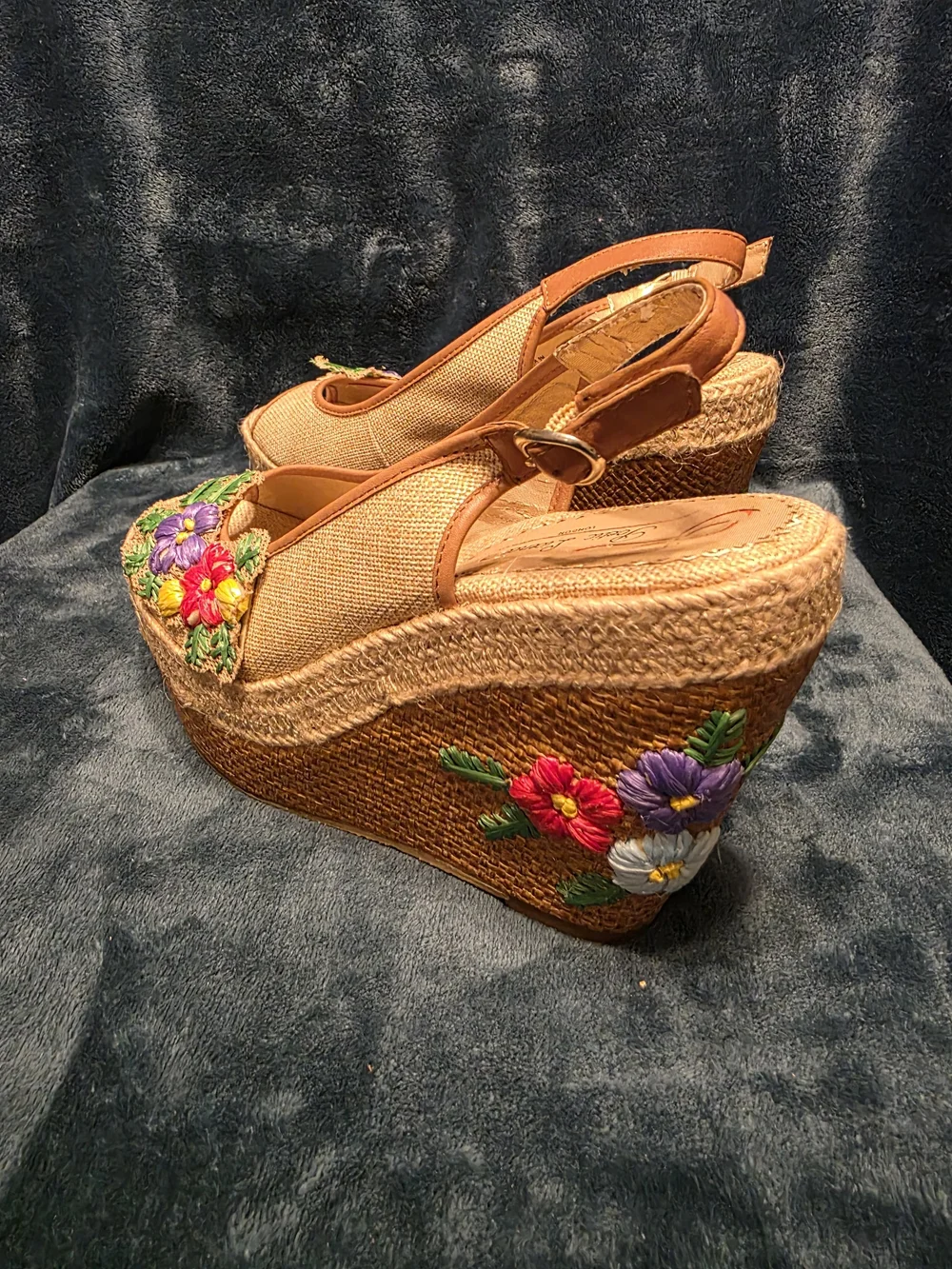 Poetic License Tan Espadrille Wedges with Red Purple Yellow Floral Embroidery